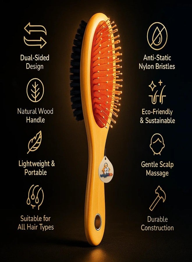WiggleBoo 22cm Wooden Double Side Pet Brush - Dog & Cat Grooming Bathing Comb - Metal Pin Bristles & Soft Hair Bristles - Detangling & Deshedding Brush for All Breeds - Wood Handle Pet Grooming Tool - Image 5